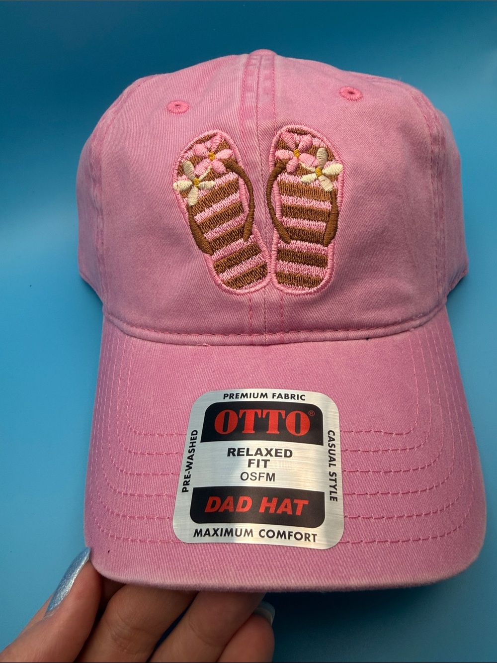 Embroidered Pink Brown Flip Flops Hat Baseball Cap Beach Hat Pool Vacation Lake